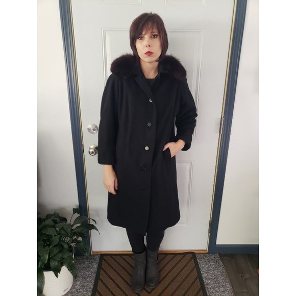 50s/60s Black Wool Overcoat with‎ Fur Collar - Picture 1 of 4